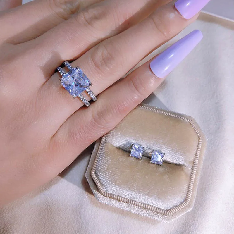 

UILZ 2pcs Pack Silver Color Bride Jewelry Set Halo Engagement Rings Square Stud Earring for Wedding Anniversary Gift Party