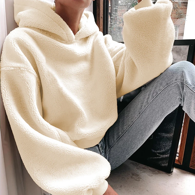 

2022 New Casual Loose Raglan Long Sleeve Keep Warm Furry Hoodies Women 2022 Fall Winter Harajuku Pullovers Sweatshirt Solid Top