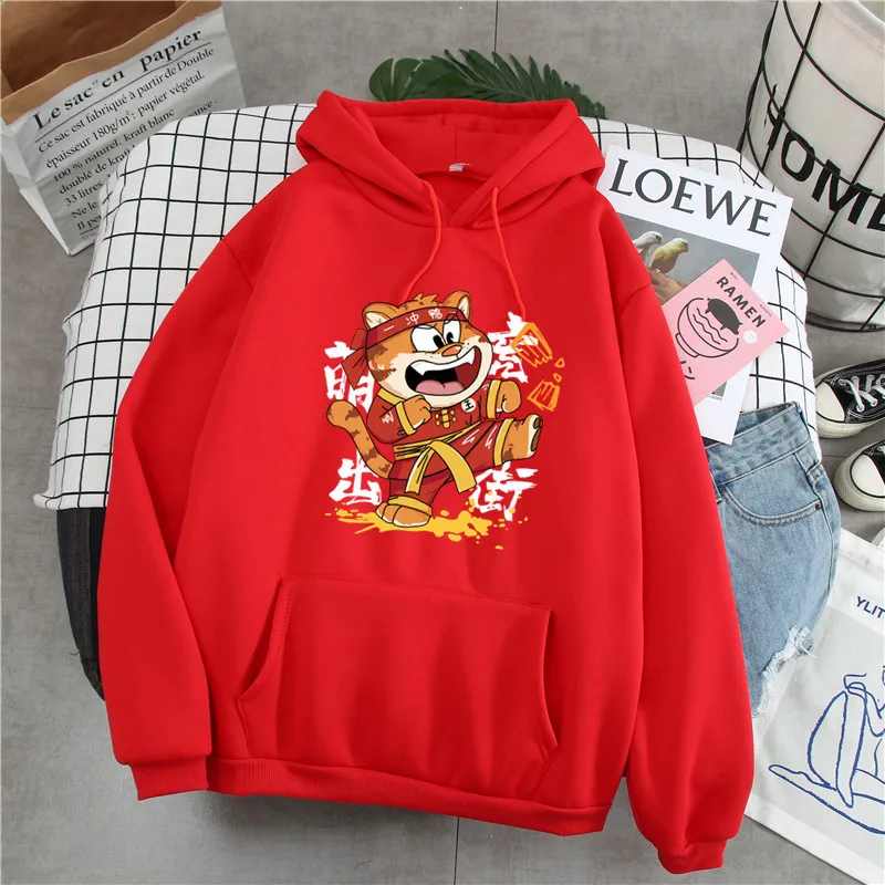 Красная толстовка с капюшоном на новый год весна-осень тигровым принтом мужской