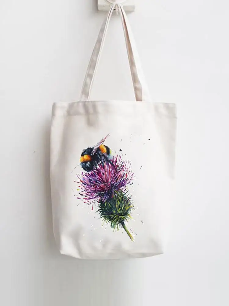 

Casual Shopper Bee Watercolor Flower Shopping Handbags Women Fashion Print Female Shoulder Girls Graphic Canvas Tote Bag