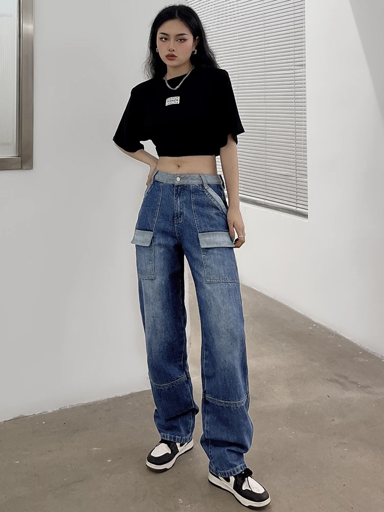 WeiYao Hig Street Pockets Patchwork Denim Cargo Jeans Women Straight Leg Streetwear Vintage Mom Jeans Womens Aesthetic Blue