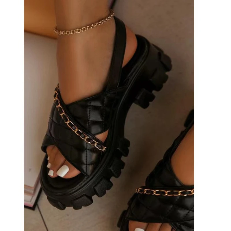 

Women's Shoes Platform Sandals One-word Buckle Thick-soled Chain and Cross-toe Cross Diamond Lattice Beach Zapados Mujer