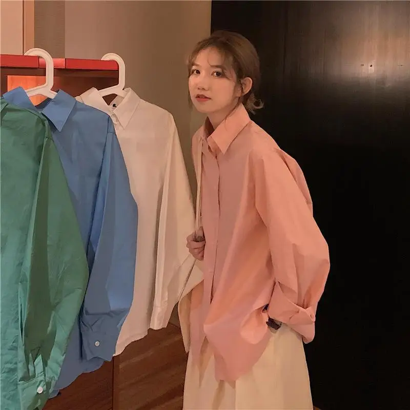 

2023 Spring Autumn Women Shirts White Plain Loose Oversized Blouses Female Tops Loose BF Korean Style Blusas Pockets tops women