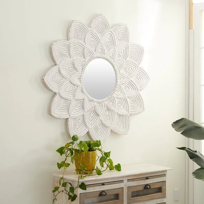 

48" x 48" White Carved Floral Wall Mirror with Overlapping Petals