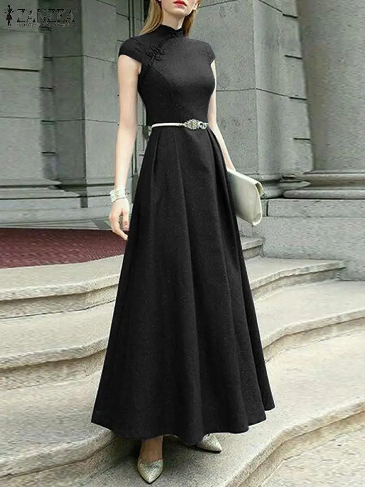 Винтажный сарафан-трапеция ZANZEA с коротким рукавом, элегантное платье-Ципао макси, женское вечернее платье для вечеринки, платье большого размера на пуговицах Винтажный сарафан-трапеция ZANZEA с коротким рукавом, элегантное платье-Ципао макси, женское вечернее платье для вечеринки, платье большого размера на пуговицах