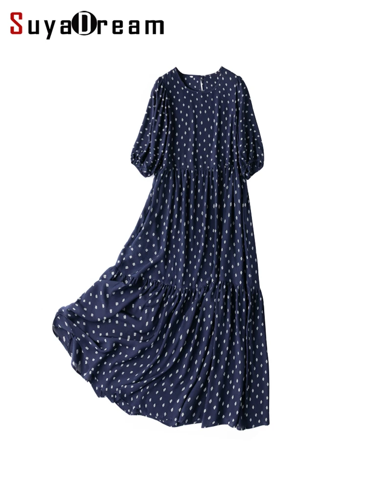 SuyaDream Women Long Dresses 100%Real Silk Dots Printed  A-line Lantern Sleeves Tiered Skirt 2022 Spring Summer Clothes Navy