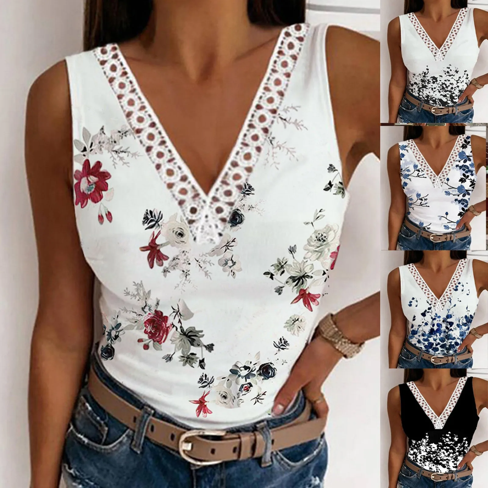 

Popular Sexy Suspenders V Neck Tank Tops Woman Women Sleeveless Ethnic Style Print Vest Loose Casual Daily Tanks Tee Female
