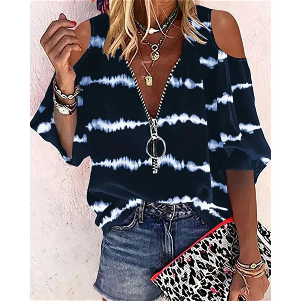 Купи 2022 Summer New Stripe Print Off Shoulder Short Sleeve Tops Vintage V Neck Zipper Pullover Shirt Casual Loose Women's T-Shirt за 557 рублей в магазине AliExpress