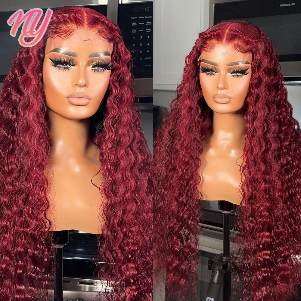 

99J Burgundy Deep Wave Lace Front Human Hair Wigs 13x4 Transparent HD Lace Frontal Wig 180% Red Colored Curly Human Hair Wigs