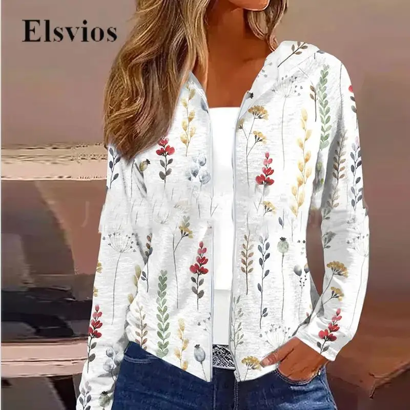 

Female New Autumn Tops Coat Retro Floral Print Loose Zip-up Cardigan Sweatshirt Casual Fashion Long Sleeve Women Hooded Pullover