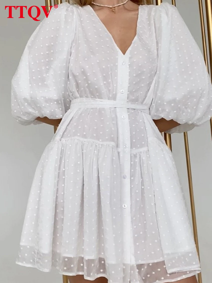 

TTQV Elegant White V-Neck Womens Dresses Casual Jacquard Single-Breasted Lace-Up Dresses Fashion Pleated Mini Dress Streetwear