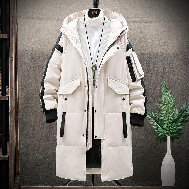 

Warm Thick Men White Duck Down Jacket Hooded Puffer Jackets Coat Winter New Male Casual Long Parka Overcoat Outdoor Multi-pocket