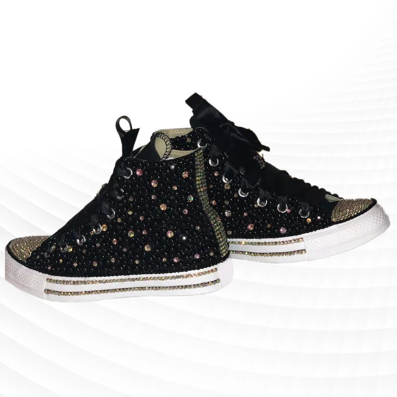 

Handmade pearl ribbon trim high-top canvas shoes niche fashion custom casual shoes large size 35-46