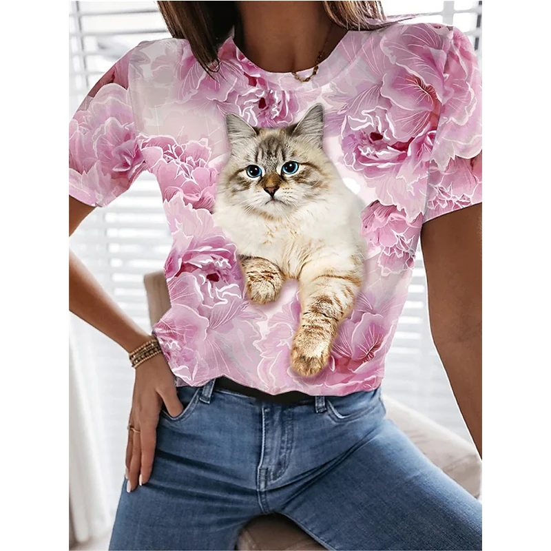 

2022 nuevas camisetas de moda de verano para mujer lindos gatos 3D estampado básico cuello redondo manga corta cómodas camisetas