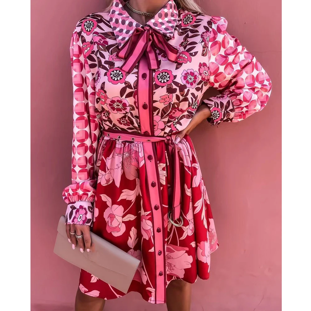 

Fashion Women's Spring Autumn Dress Long Sleeve Turn-Down Collar Floral Print Button-Down Tie Waist Casual Shirt Dresses