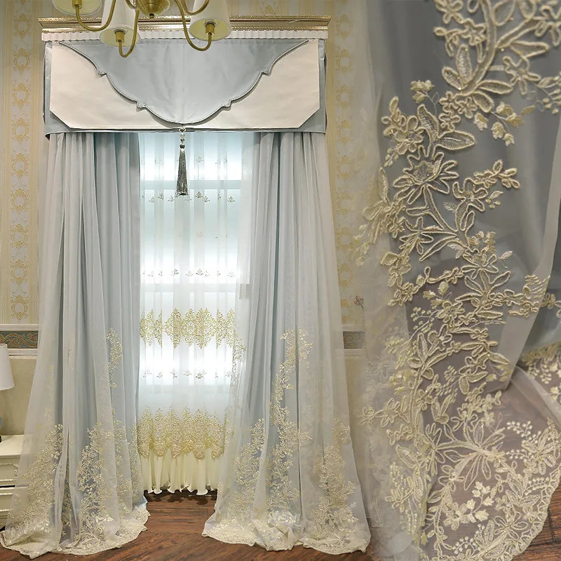 

Nordic Simple Solid Color Luxury Living Room Bedroom Curtain Princess Style Curtain Embroidered Lace Blue Window Screen