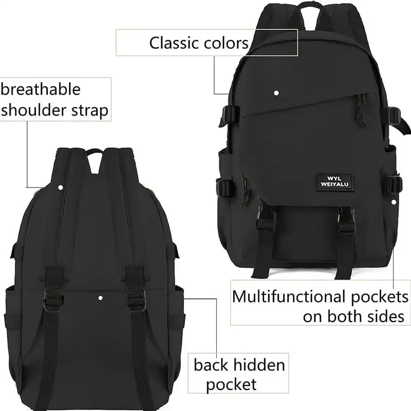

Lovely Waterproof School Backpack, High School College Bags for Teen Boys with Bottle Side Pockets, Black.