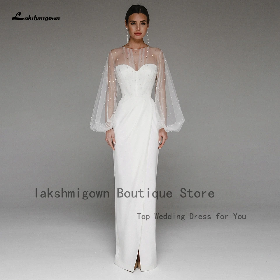 Lakshmigown Pearl Dress Bridal Sheath Wedding Gowns 2022 Elegant Long Sleeve Robe Satin Boho Wedding Dresses Vestido Novia Playa