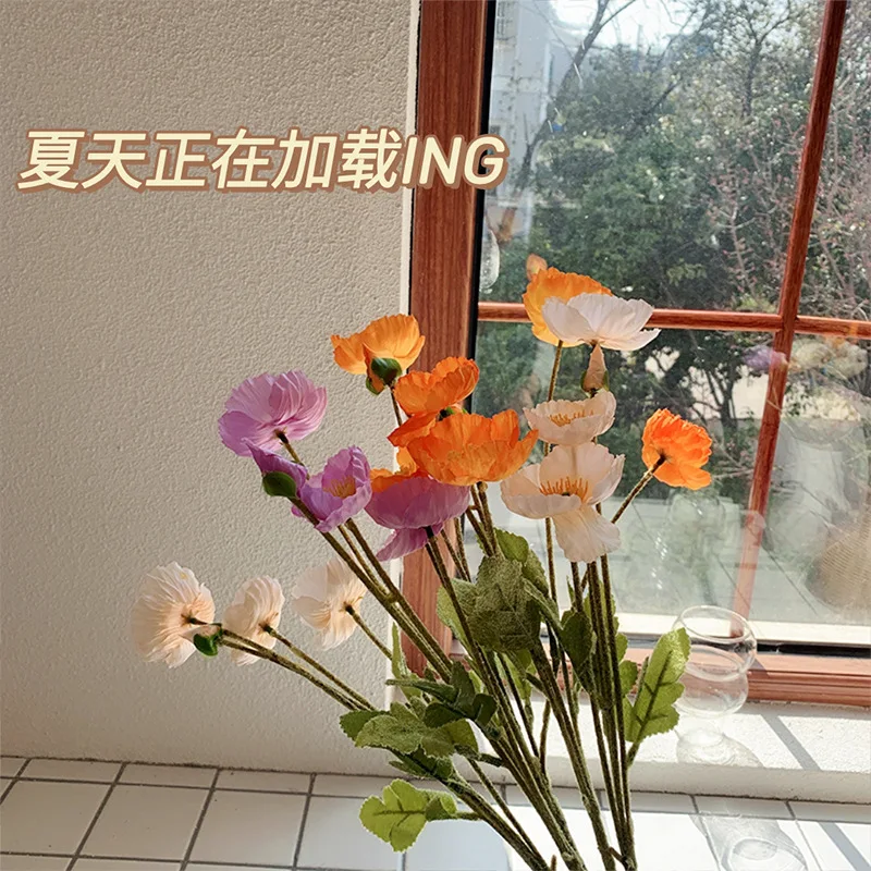

Iceland Poppies Light Luxury High-quality Version Poppies Simulation Flowers Home Decoration Flocking Silk Picnic Fake Flowers