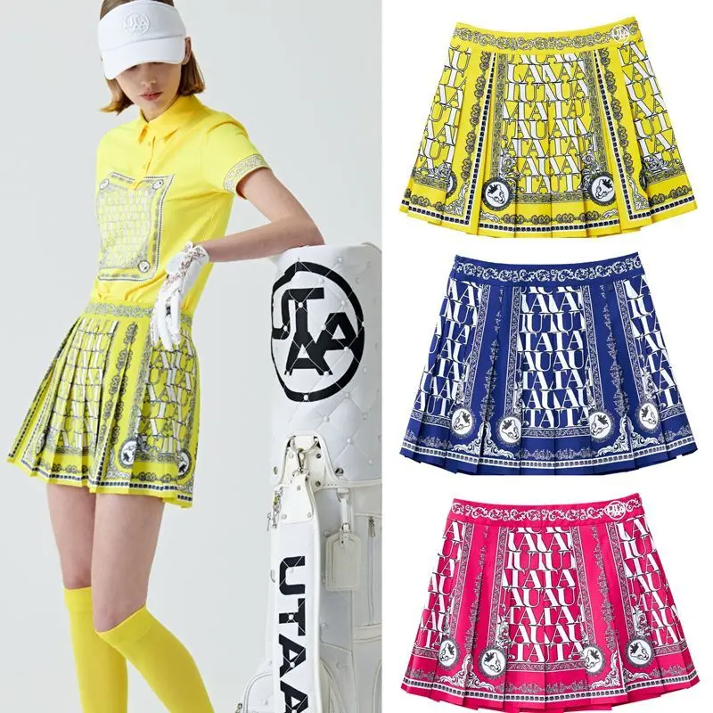 

UTAA Golf women Suit Golf Women Pattern Printing Pleated Skirt Short Sleeve Skirt Tide