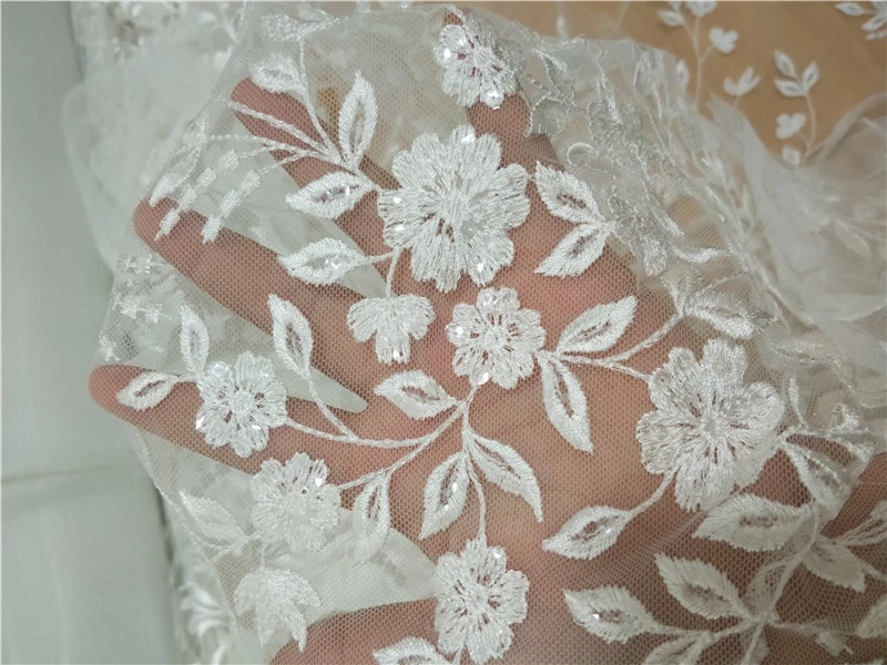 

1Yard Ivory White European Style Embroidery Flower Tulle Lace Fabric Sequins Elegant Wedding Dress Material