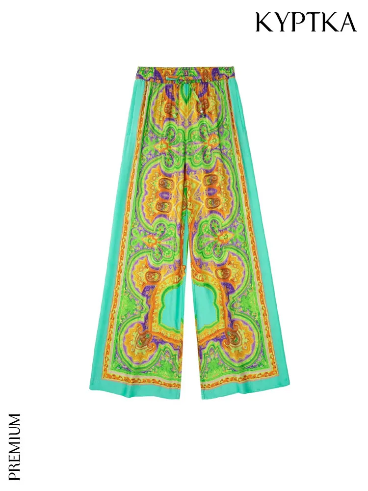 

KYPTKA Women Fashion Flowing Printed Wide Leg Pants Vintage High Elastic Waist With Drawstring Female Trousers Mujer