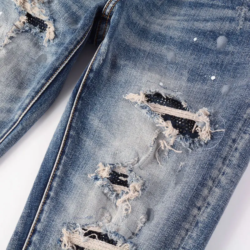 Streetwear Fashion Men Jeans Retro Blue Stretch Slim Fit Painted Hole Ripped Jeans Men Patch Designer Hip Hop Brand Pants Hombre