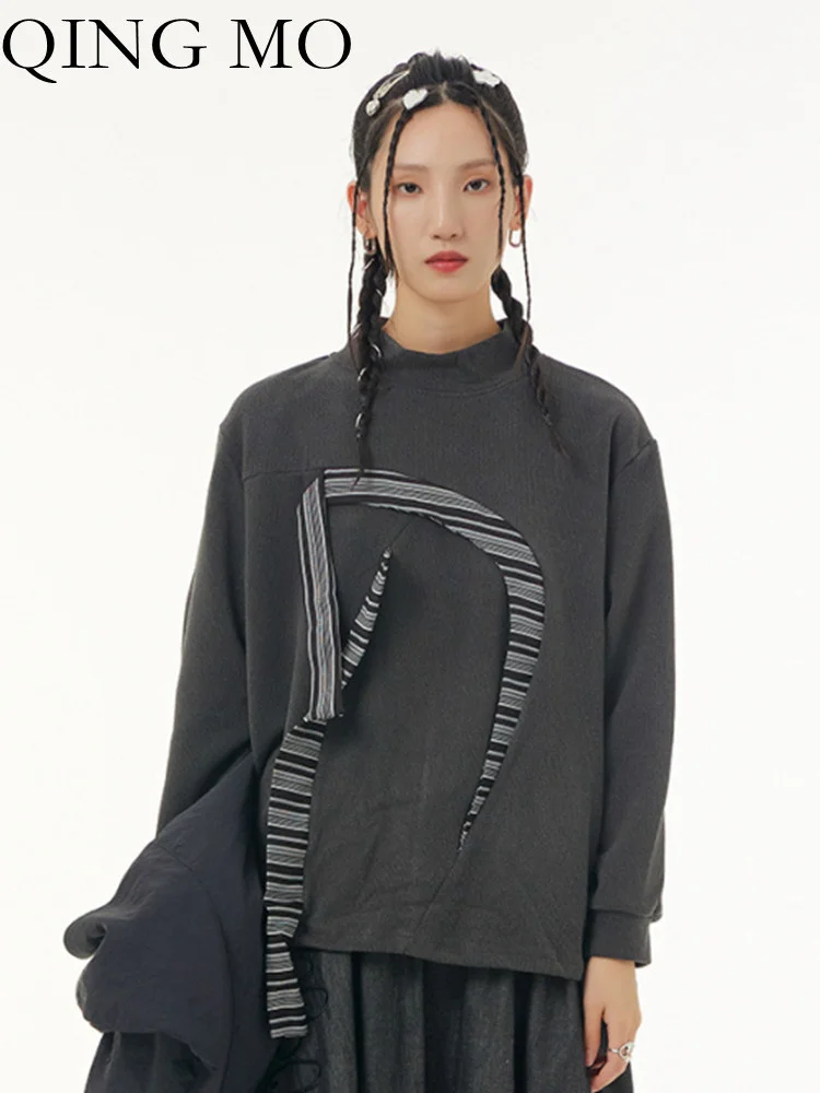 

QING MO 2023 Spring Autumn Fashion New Large Women Sweatshirt Top Splice Small High Neck Loose Sweater ZXF500