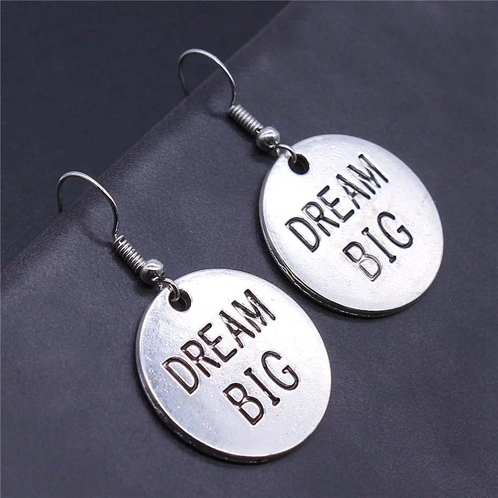

Fashion Handmade Simple Design Antique Silver Color Dream Big Round Plate Pendant Earrings Women Vintage Drop Earrings