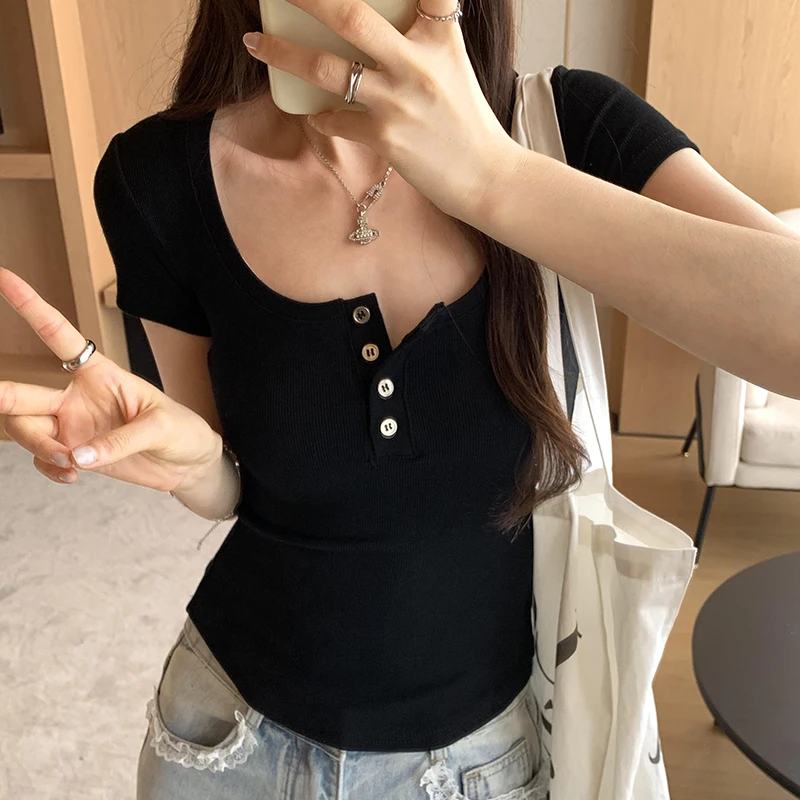 НОВЫЕ шикарные облегающие футболки на пуговицах с круглым вырезом и коротким
