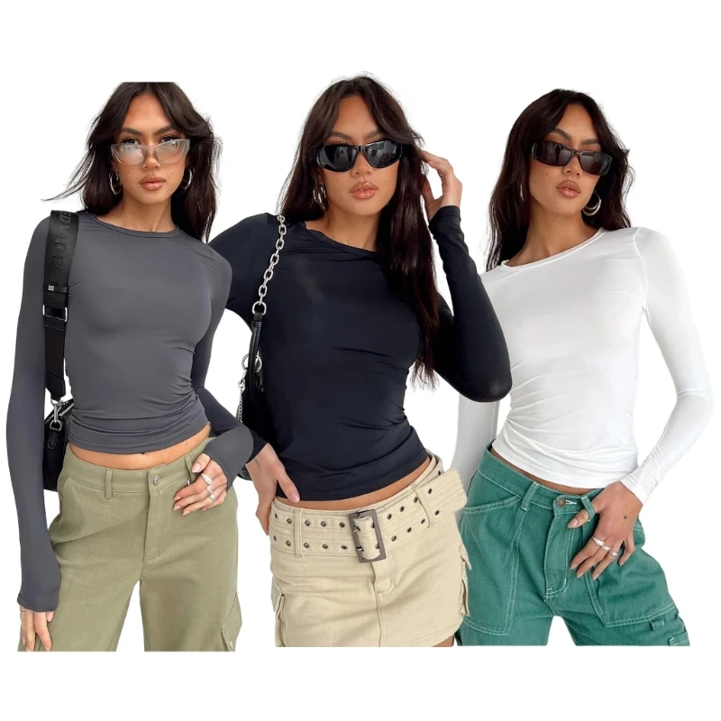 

Women Long Sleeve Round Neck Crop Top Solid Color Bodycon Slim Workout T-Shirt