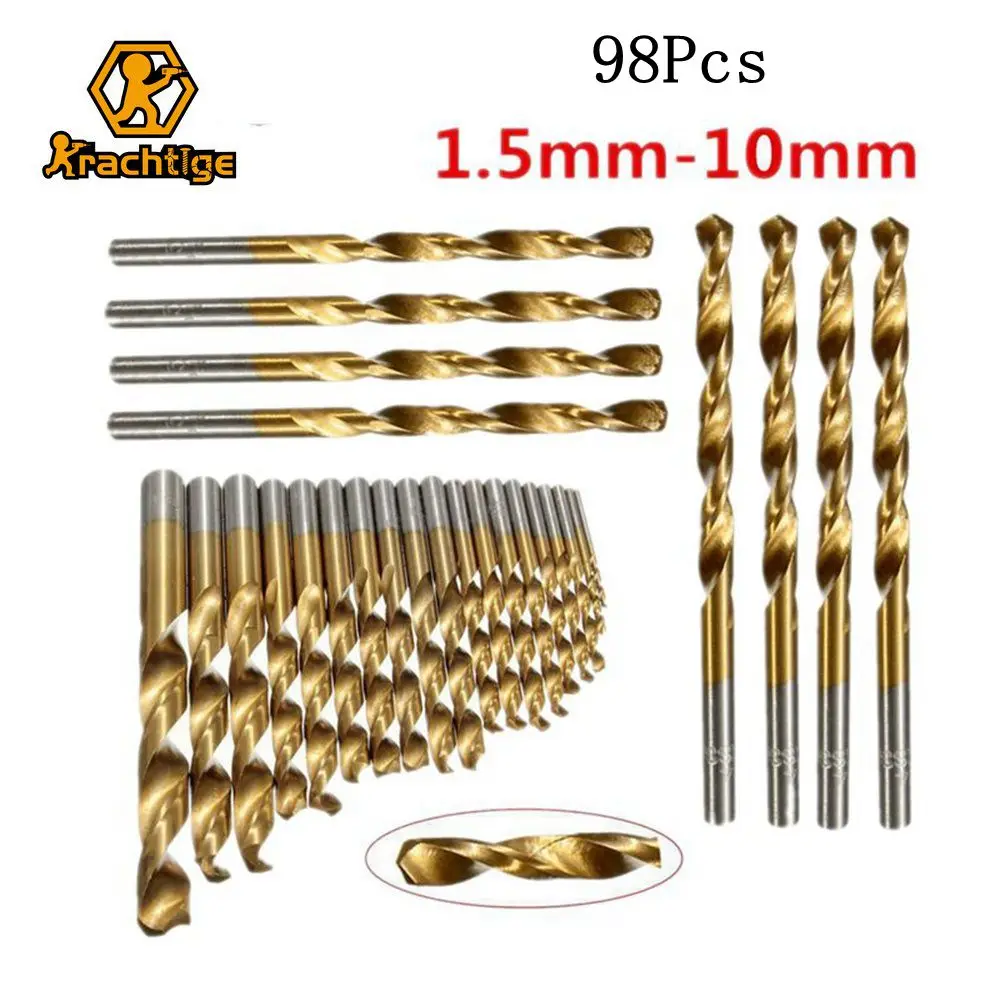 Krachtige 98Pcs 1.5MM-10MM High Speed Steel Drill Bit Set Titanium Coated Metal HSS Drilling Tools