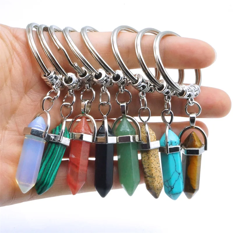 

12pcs Natural Stone Hexagonal Prism Key Rings Keychains Heart Healing Pink Crystal Car Decor Key Chain Keyholder for Women Men