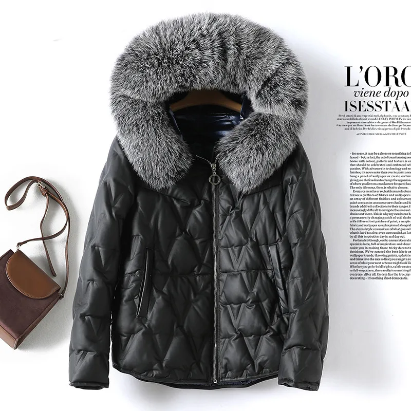 

Tcyeek Winter Hooded Genuine Sheepskin Leather Jacket Women 2023 Real Fox Fur Collar Down Coats Female Casaco Feminino Gxy1250