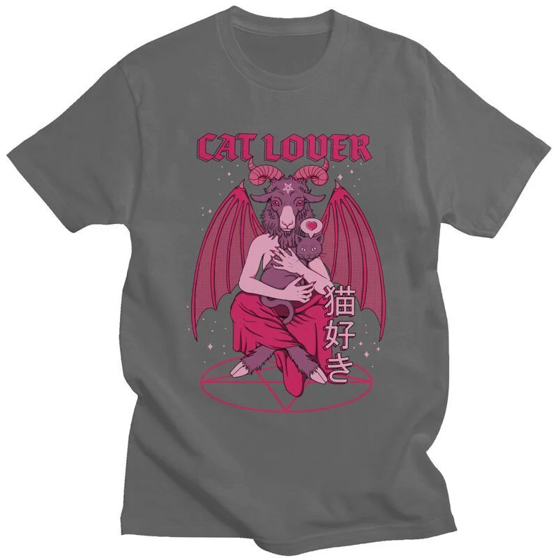 Фото Забавная футболка Baphomet с изображением кота, влюбленного, зла, мужская летняя футболка из хлопка с изображением Люцифера, демона, козы №3