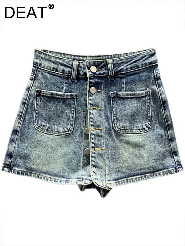 

DEAT Fashion Women Skirt Slim High Waist Single Breasted Medium Strecth Pockets Washed Thin Blue Skirts Summer 2023 New 17A8702