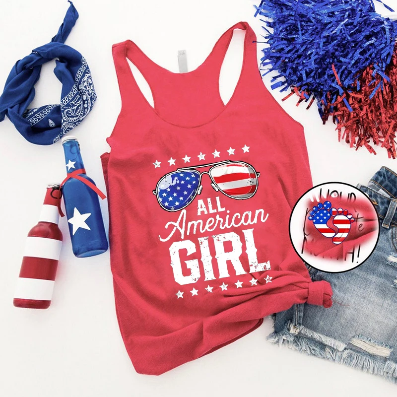 

All American Girl 4th of July Tank Top Casual Women Clothes 4th of July Gift American Flag Tank Top Cartoon Tops