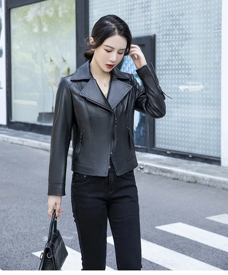 

Free shipping.Wholesales.CC.Rider Cool Women leather jacket.Black slim fashion sheepskin coat.soft street leather cloth.