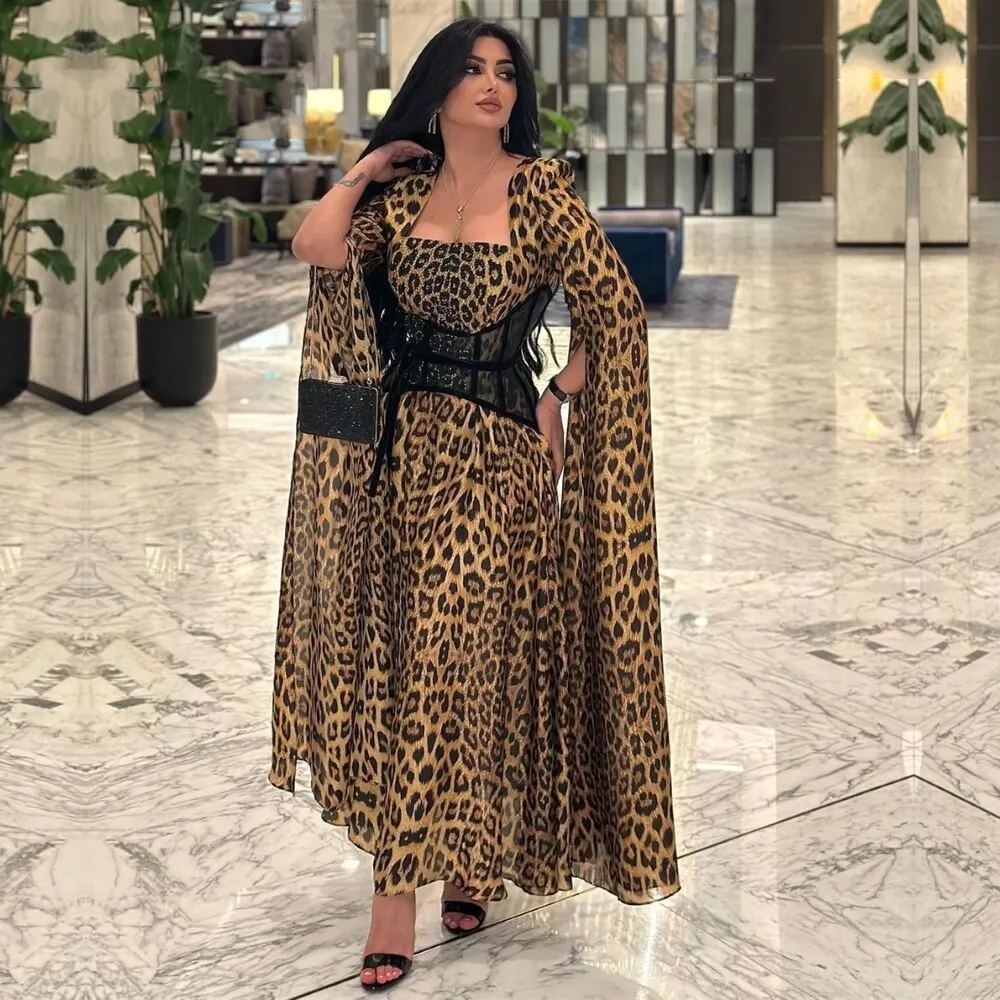 

Fashion Square Collar Leopard print A-Line Formal Occasion Prom Dresses Belt Ankle-Length Women Evening Party Dress