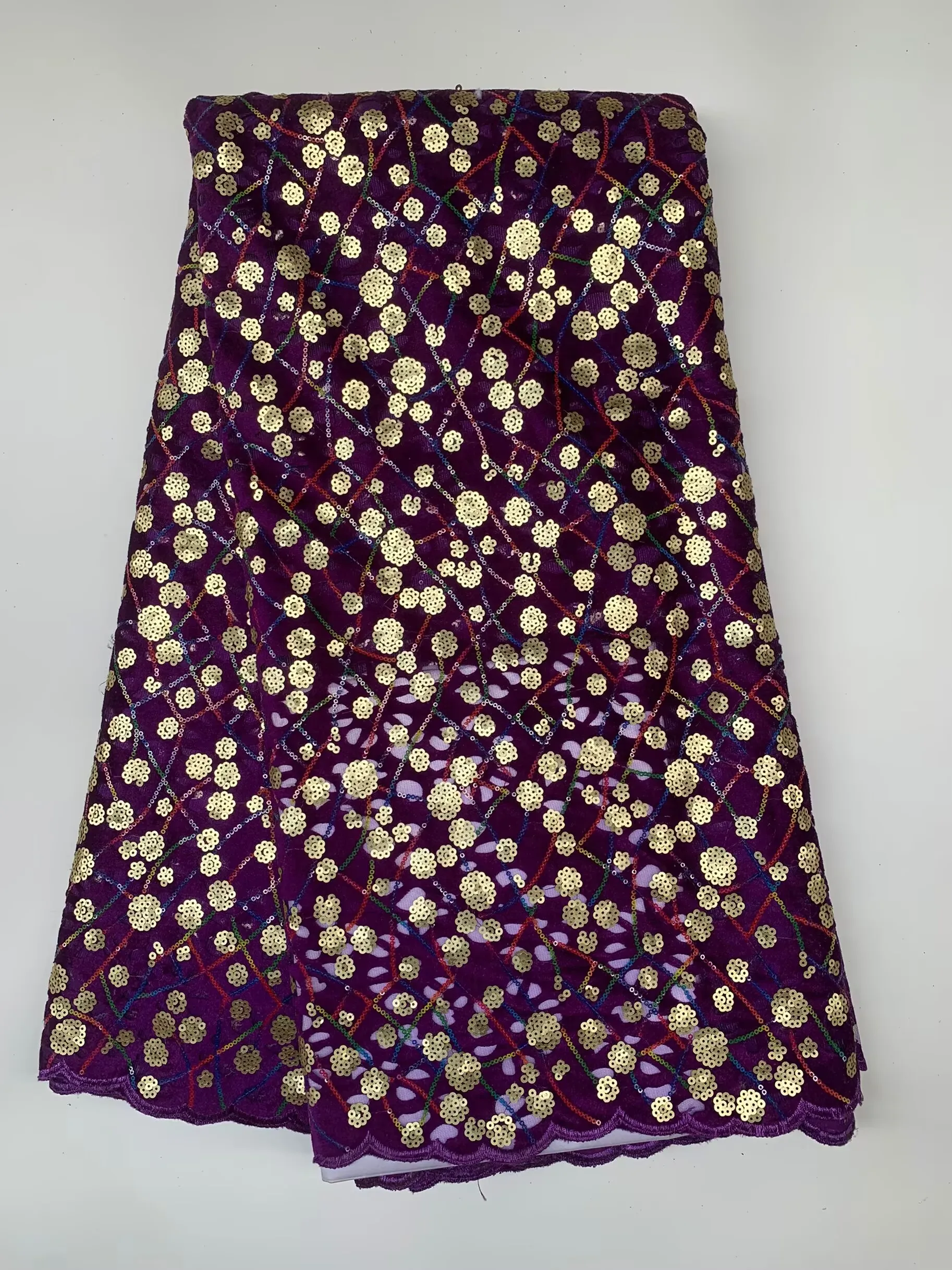 Сверкающая бархатная кружевная нигерийская ткань Asoebi с золотыми блестками 5