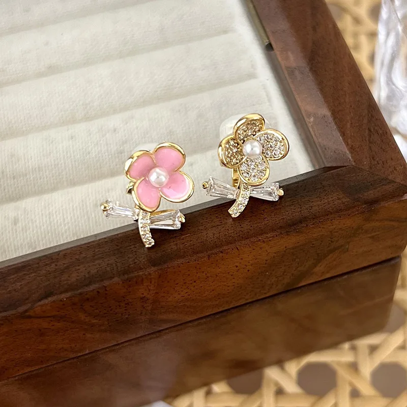 

Minar Sweet Shiny CZ Cubic Zircon Flower Clip Earrings Pink Enamel Asymmetric Earring for Women Ladies Wedding Daily Jewelry