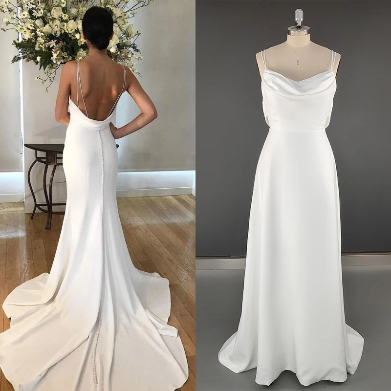 

849# Simple Cowl Neck Sweep Train Sheath Wedding Dress Elegant Backless Spaghetti Straps Button Satin Bridal Gown REAL PHOTO