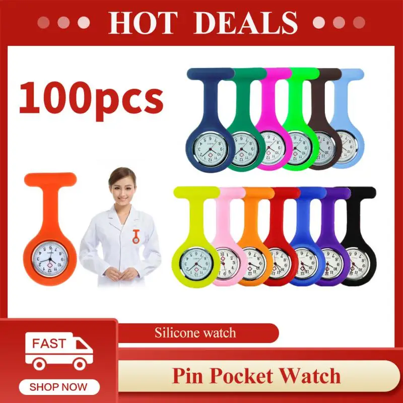 100pcs Silicone Nurse Watch Solid Color Clip-On Analog Digital Brooch Fob Quartz Brooch Hanging Medical Watch Gift Wholesale