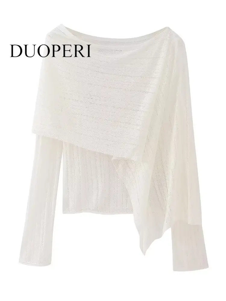

DUOPERI Women Fashion Beige Asymmetrical Knitted Capes Style Shirts Vintage Long Sleeves O-Neck Female Chic Lady Blouse Tops