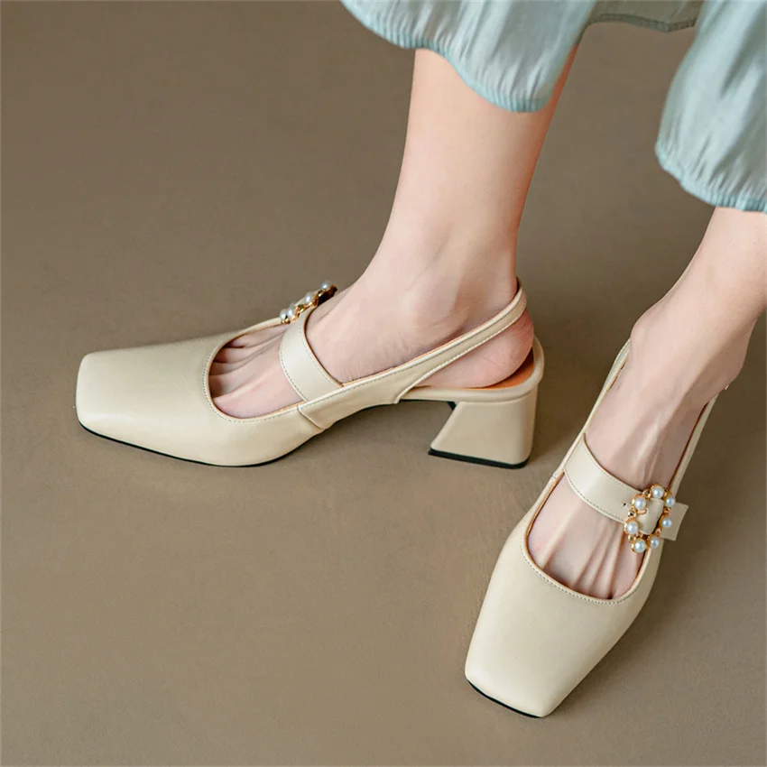 

High Heel Women Sandal 2023 Summer Elegant Pearl Fastener Female Wedding Office Shoes Dress Women Shoes Size 48 Dropshopping