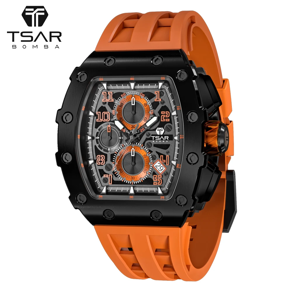 

TSAR BOMBA Watch for Men Fashion Tonneau Design 50M Waterproof Wristwatch Sport Sapphire Mirror Chronograph Business Clock