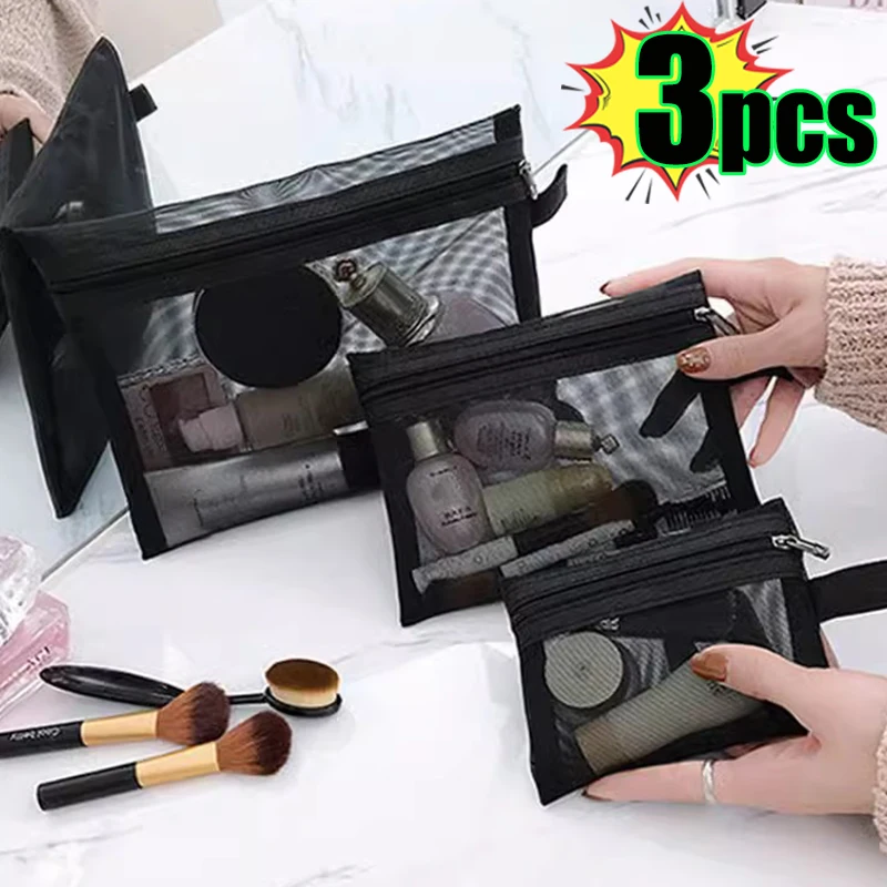 

3pcs Portable Mesh Transparent Cosmetic Bag Makeup Case Travel Zipper Make Up Organizer Wash Toiletry Beauty Storage Bag Pouch