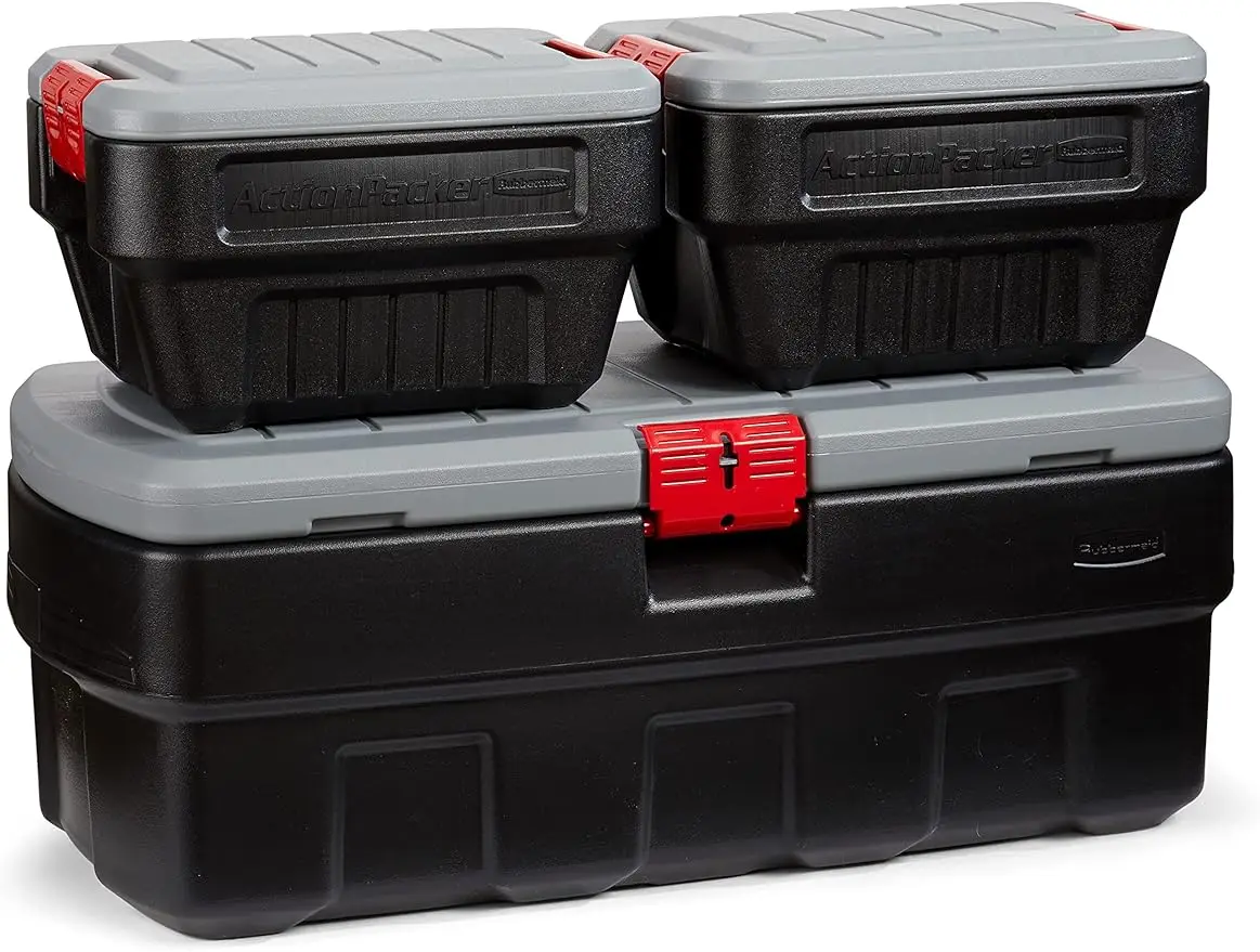 

Rubbermaid ActionPacker️ 48 галлонов, встроенные в контейнеры 8 галлонов, Запираемые, промышленные, прочные контейнеры для хранения в комплекте