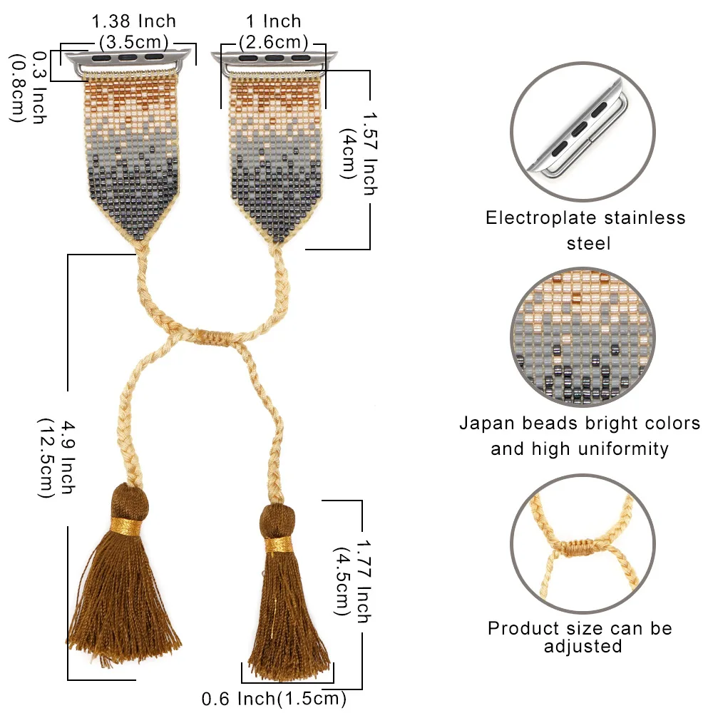 1PC Fabric Braided Rope Strap Minority Bohemian Style Rice Beads Hand Woven Geometric Tassel for Applewatch 42mm 44mm Strap
