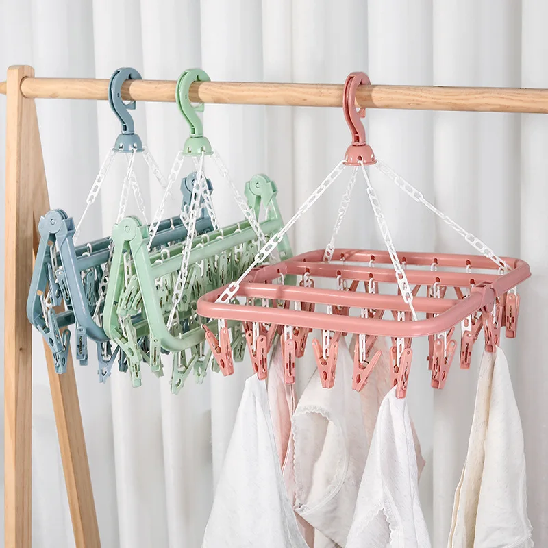 

Folding Clothes Hanger Towels Socks Bras Underwear Drying Rack With 32 Clips Plastic Space Saving Closet Organizer Hanger Rack